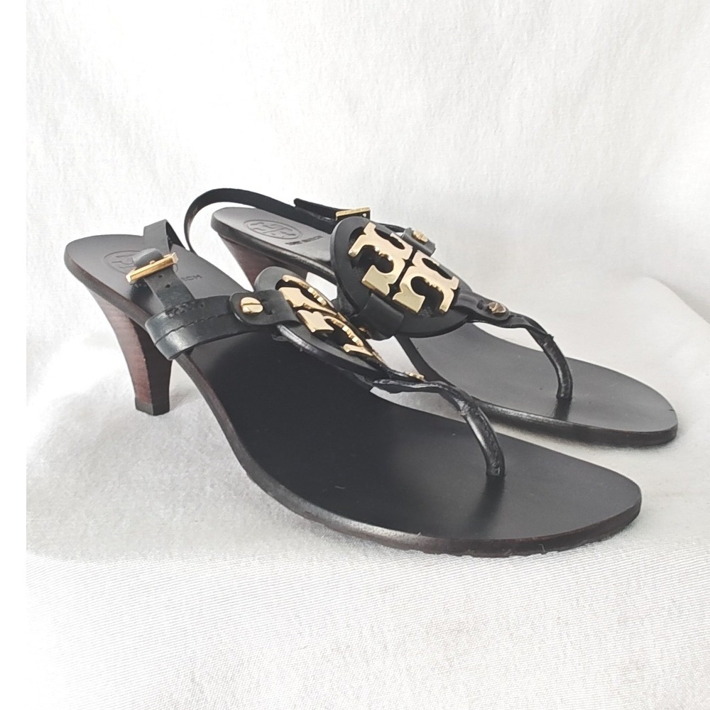 Tory Burch Miller Holly Thong Kitten Heeled Sandals Black Leather Gold Logo 9